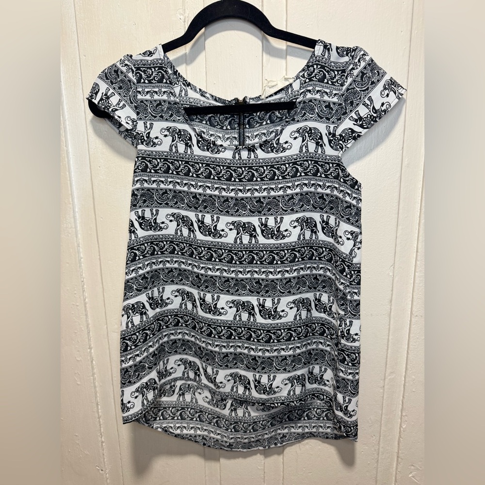 Pink Rose Elephant Print Boho Blouse | Black & White XS
